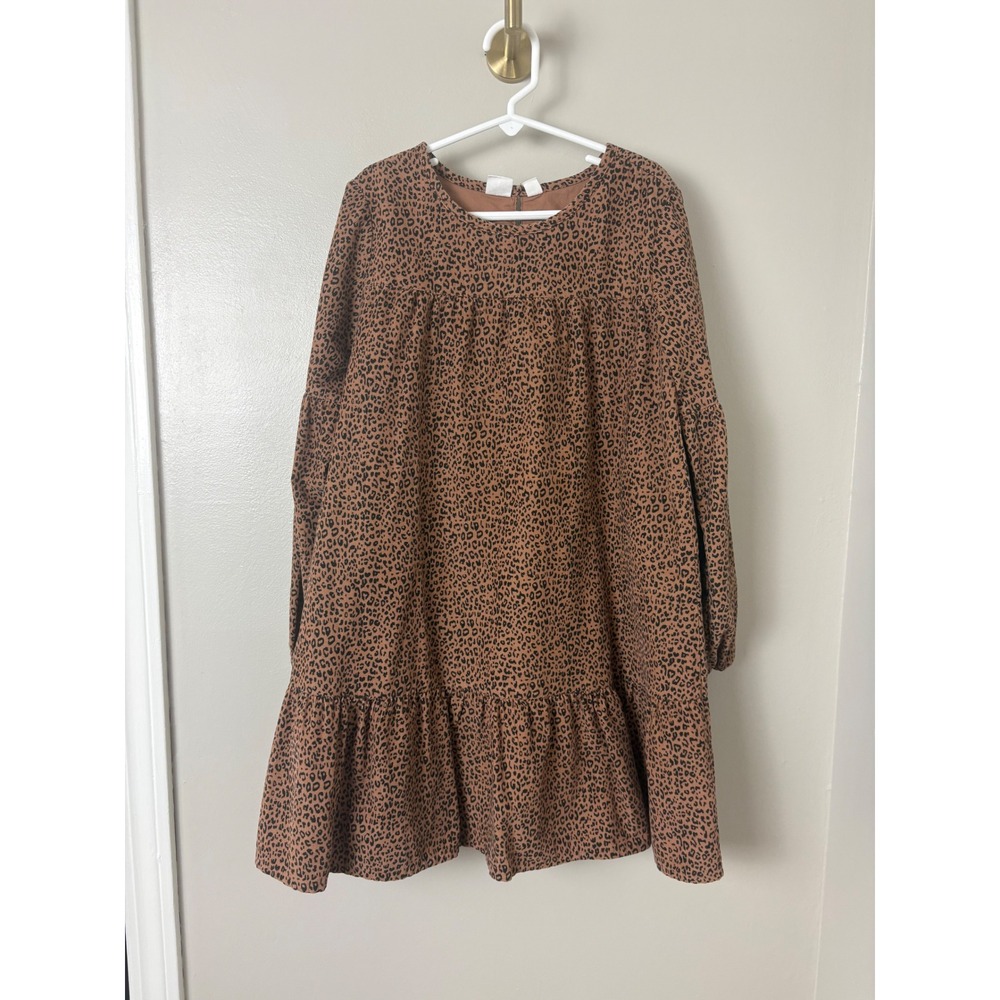 Gap Kids Corduroy Dress Kids Size M 8-9 Brown Leopard Print Tiered Long Sleeve